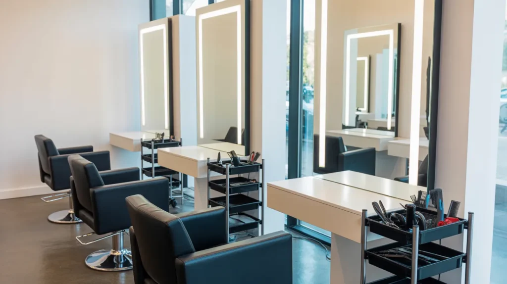 Nowoczesne wyposażenie salonu fryzjerskiego z konsolami, krzesłami fryzjerskimi i profesjonalnymi stanowiskami