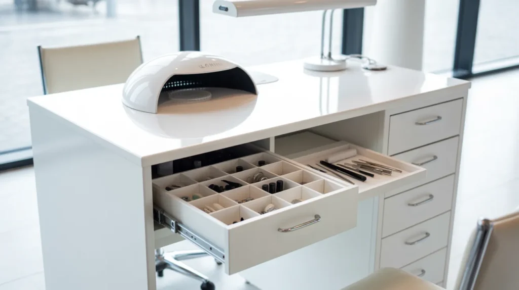 Biurko do manicure z pochłaniaczem pyłu - profesjonalne stanowisko dla stylistki paznokci